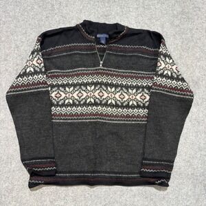 Herman Geist Vintage 100% Wool Fair Isle Quarter Zip Sweater Grey Red Large